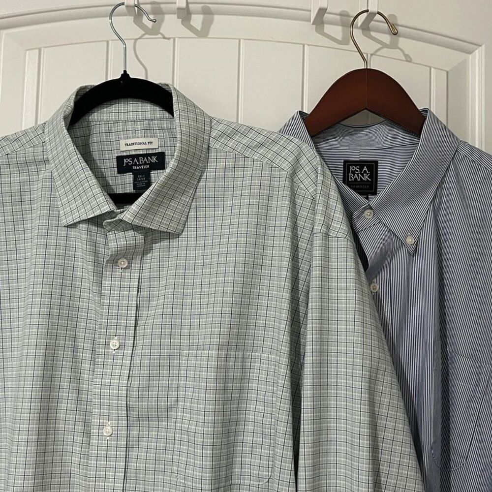 Jos A Bank Traveler Dress Shirts Lot of 2 Mens 18.5 34 Stripe + Blue Green Plaid
